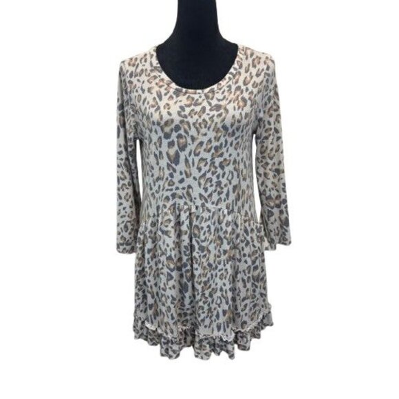 Womens Boho Leopard Print Long Sleeve Tunic Top With Ruffle Hem large - Picture 3 of 6